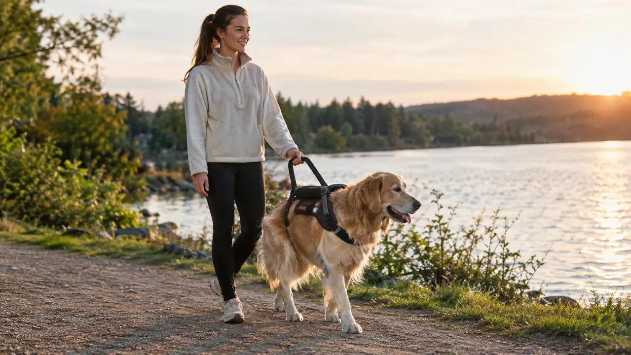 A person walking a large dog on a dirt path, one hand on the padded handle of the rear support harness
