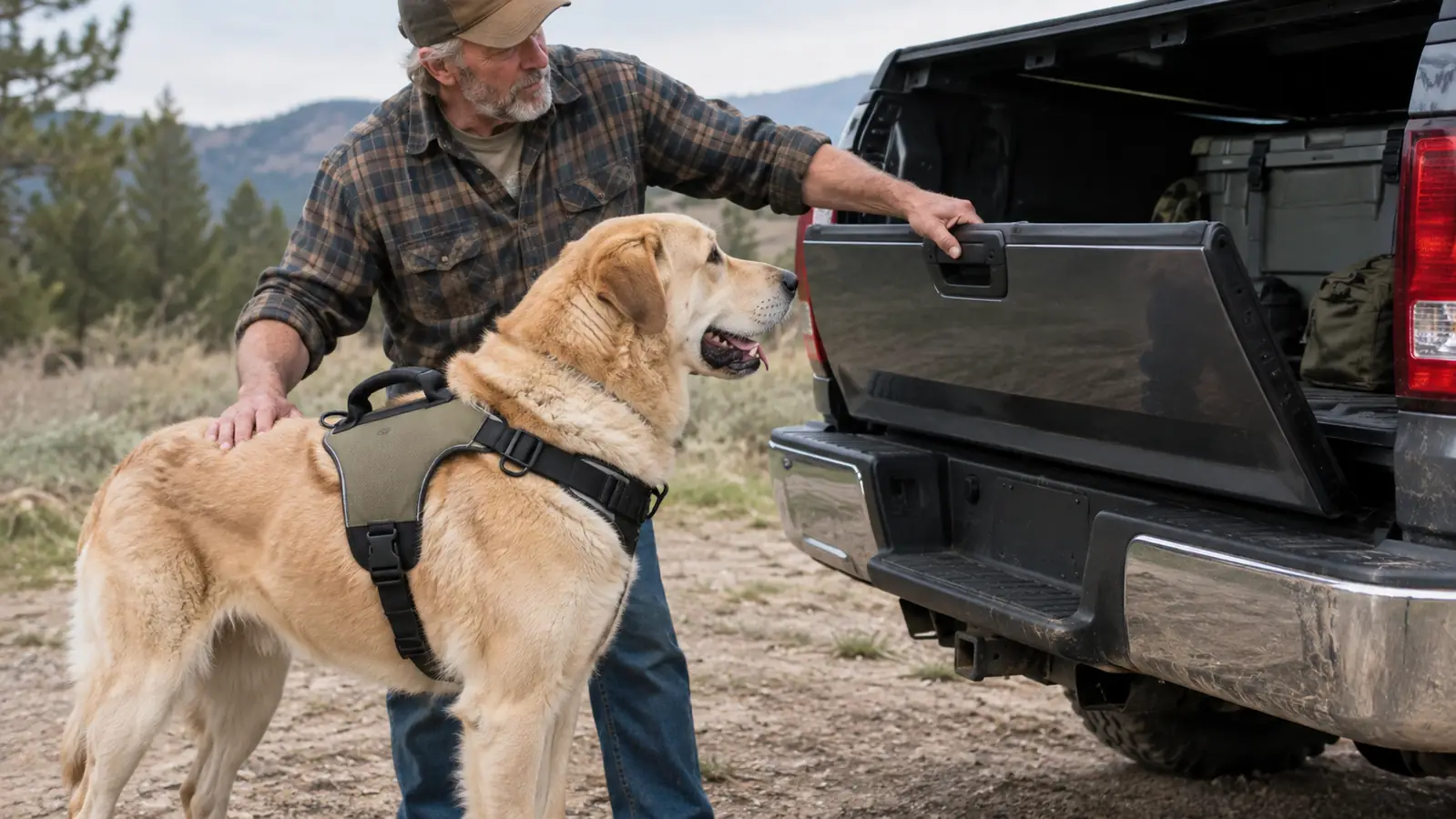 A rear support harness fitted on a large dog standing beside a truck tailgate