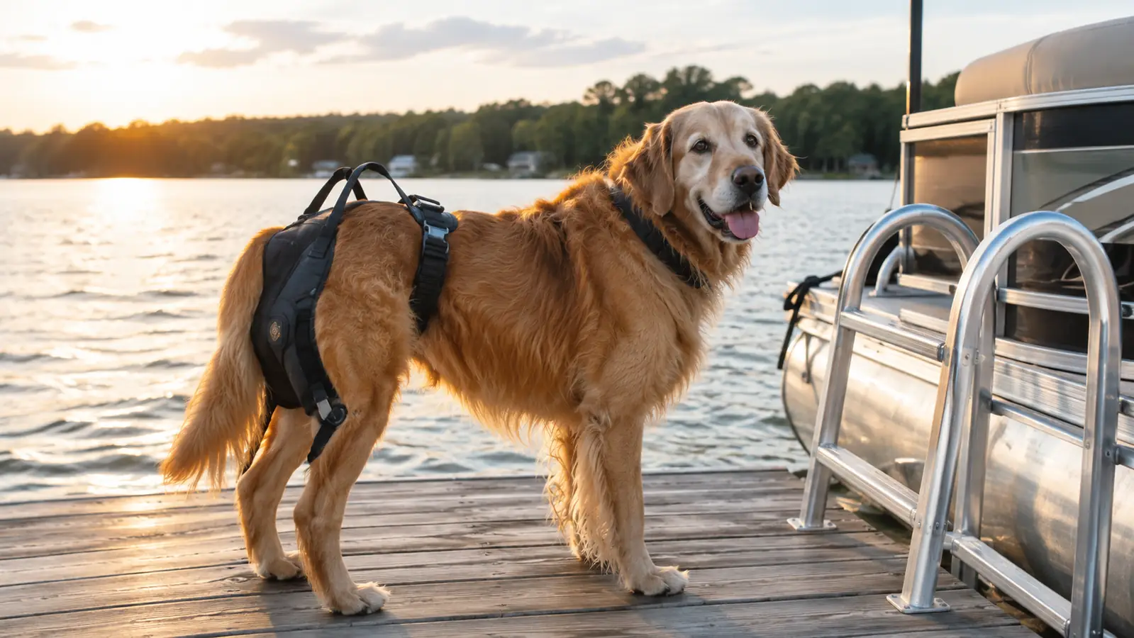 A large dog in a rear support harness standing on a dock beside a pontoon boat ladder