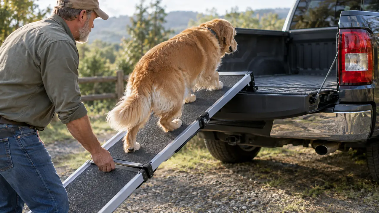 A person steadying a folding dog ramp at the rear of a pickup truck while a senior dog walks up