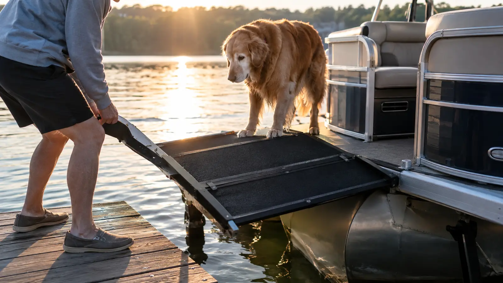 A folding dog ramp set at the edge of a lake dock beside a pontoon boat, with a senior dog waiting at the top