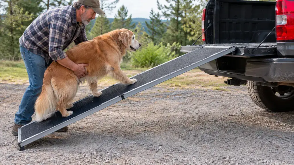 A person steadying a senior dog as it walks up a ramp into the back of a pickup truck