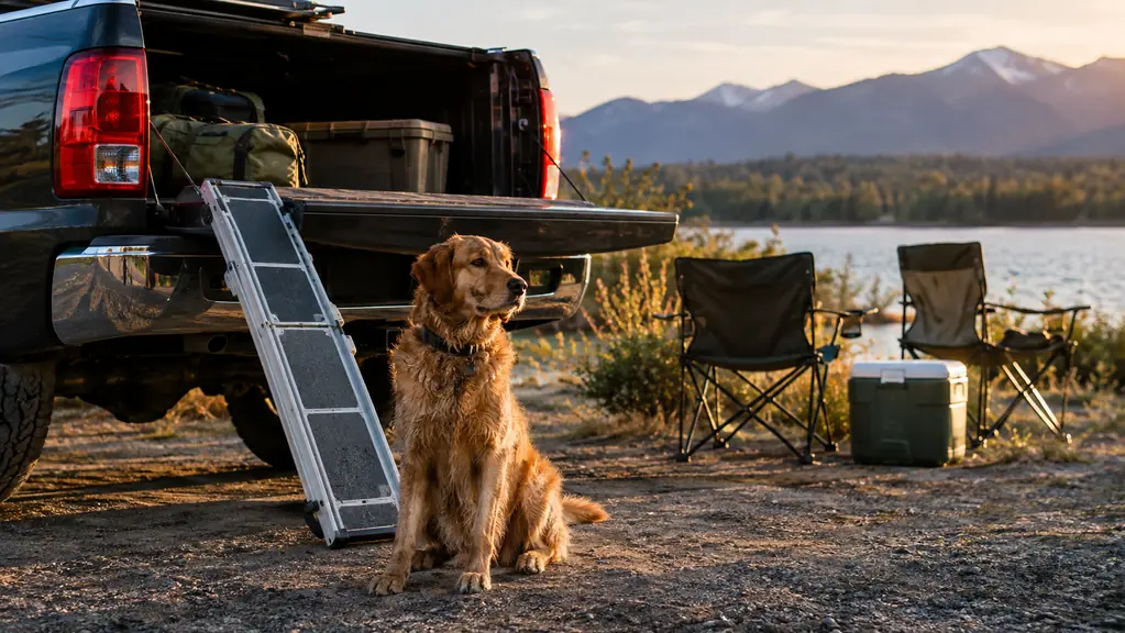 A dog sitting by an open pickup tailgate with a folded ramp leaning against the truck