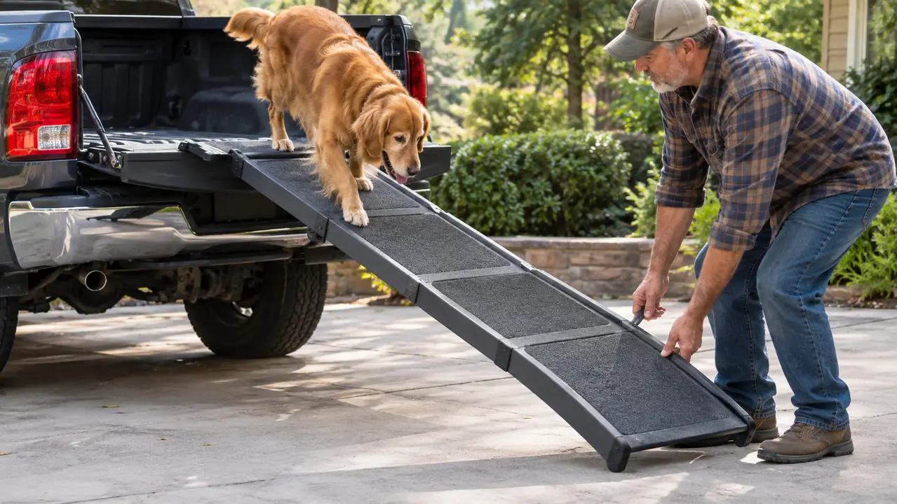 A person steadying a folding dog ramp with one hand while a large dog walks down the ramp from a truck tailgate