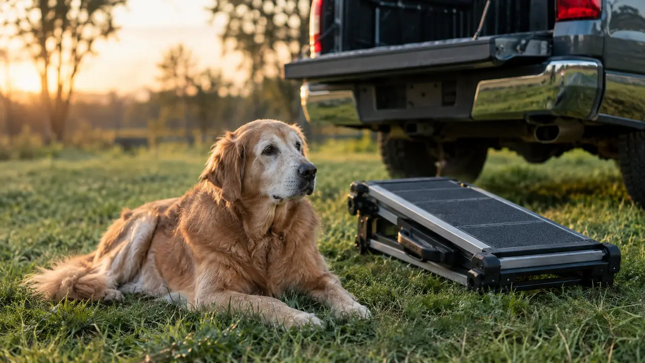 A senior dog resting on a grassy lawn beside a folded dog ramp after a short car ride