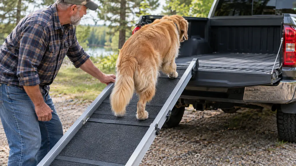 A senior dog walking up a folding ramp into the back of a pickup truck while a person steadies the side rail.